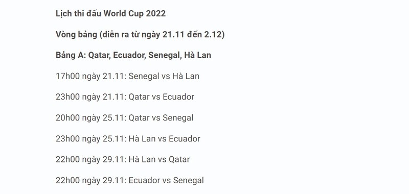 lịch thi đấu chi tiết tại bảng A World cup 2022